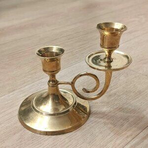 Brass Candelabra 2 Arm Candle Holder Unique Spiral Scroll Staggered Double Arm